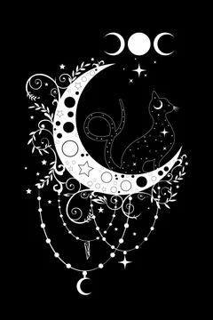 Mystical black cat over celestial crescent moon and triple goddess, witchcraft Stock Illustration