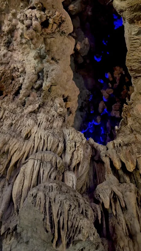 Mystical Blue-Lit Limestone Formations Inside Okinawa Cave Stock Footage 345376106