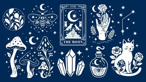 Mystical Boho Bundle – Celestial Witchy Elements with Moon, Tarot Card, Cat, Cry Illustrazione stock