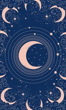 Mystical boho drawing of the moon on a blue background, phases of the moon Stock Illustration