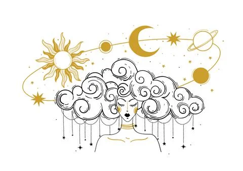 Mystical boho illustration. Woman with flying planets, sun and moon, concept  Stock Illustration