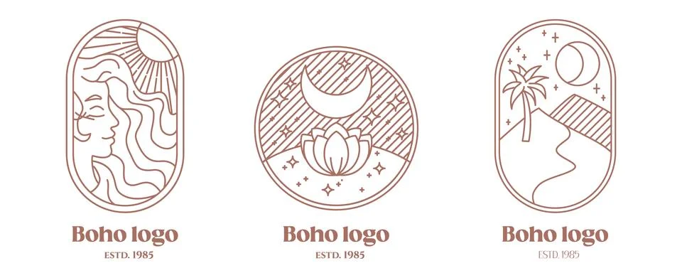 Mystical brown boho logo set. Night lotus, moon and stars in the sky, girl .. Ilustração Stock