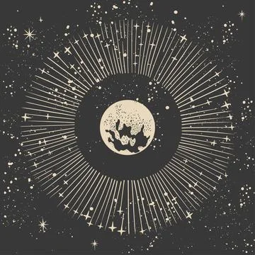 Mystical card with a shining planet in outer space, astrological zodiac chart Stockillustratie