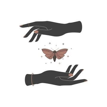 Mystical celestial butterfly moth between woman hands. Spiritual elegant symbol Stock Illustration