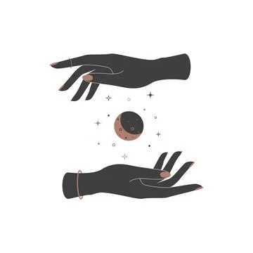 Mystical celestial crescent moon between woman hands. Spiritual elegant symbol Stock Illustration