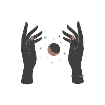 Mystical celestial crescent moon between woman hands in vintage style. Spiritual Stock Illustration