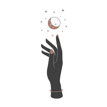 Mystical celestial crescent moon over woman hand in vintage style. Spiritual Ilustração Stock