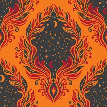 Mystical Celestial Damask Pattern with Stars and Moon. Illustrazione stock