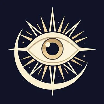 Mystical Celestial Eye Vector Illustration with Sunbeams and Crescent Moon,.. Illustrazione stock