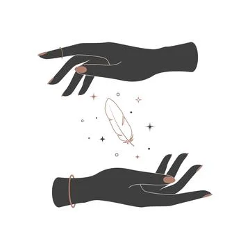 Mystical celestial feather quill between woman hands. Spiritual elegant symbol Stock Illustration