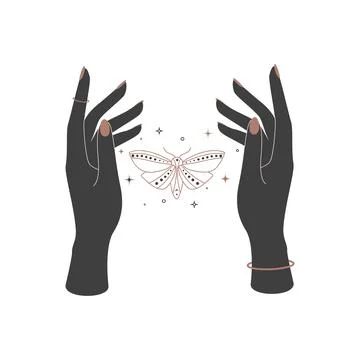 Mystical celestial night butterfly between woman hands. Spiritual elegant moth Stock Illustration