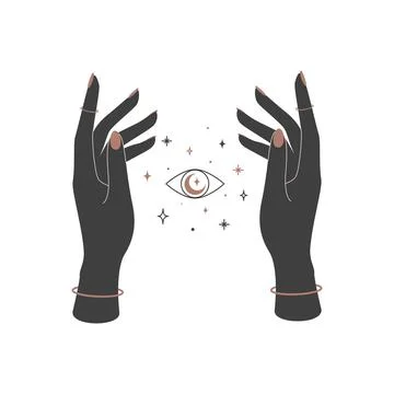 Mystical celestial shining eye between woman hands. Spiritual elegant symbol for Stock Illustration