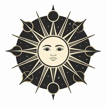Mystical Celestial Sun Vector Illustration with Human Face and Moon Phases,.. Stock Illustration