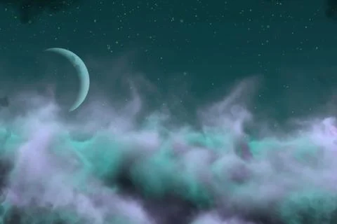 Mystical clouds with moon with snowflakes Ilustração Stock
