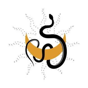 Mystical composition with wriggling black snake, gold crescent moon and sun.  Stock Illustration