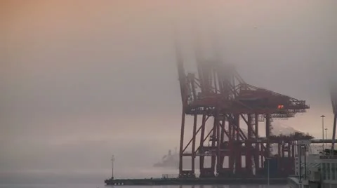 Mystical Container Yard Crane Pan Misty Red Glow Video stock 19099316