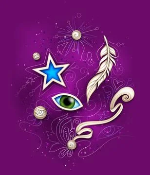 Mystical Cosmic Set of Deco Elements. Eye, Feather, Star and Beads Stock Illustration