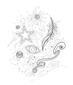Mystical Cosmic Set of Deco Elements. Eye, Feather, Star and Beads Stock Illustration