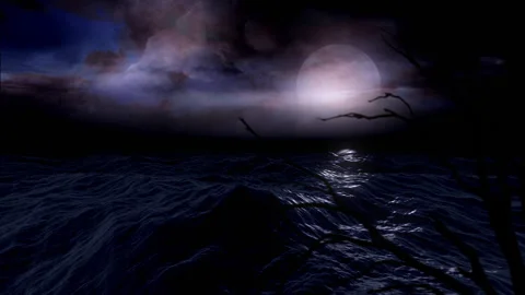 Mystical Dark Ocean Waves Under Dramatic Moonlit Sky Stock-Footage 294611281