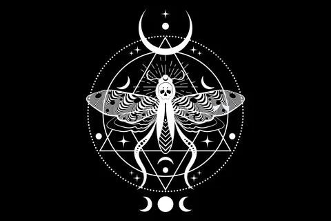 Mystical death head moth in dark black color. Cresent moon wiccan triple goddess Stock Illustration