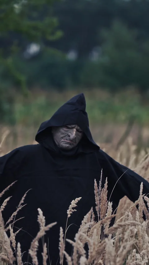 Mystical devil in black mantle on field Stock Footage 299628564