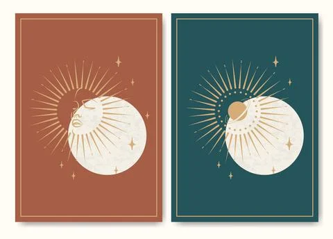 Mystical drawing of moon and outer space posters. Tarot minimalist printabl.. Stock Illustration