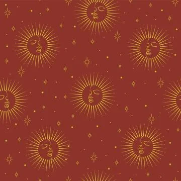 Mystical drawing of sun with face, moon and stars pattern. Stock Illustration