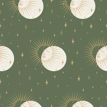 Mystical drawing of sun with face pattern. Moon and stars seamless pattern. M Illustrazione stock