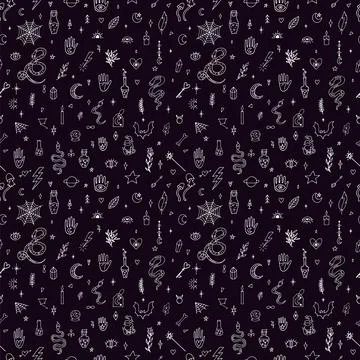 Mystical esoteric background. Magical hand drawn seamless pattern. Doodle b.. Stock Illustration