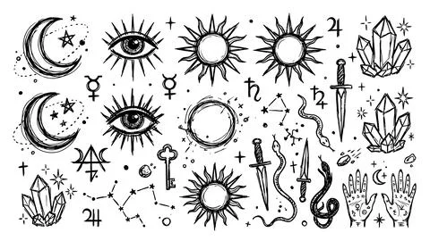 Mystical esoteric celestial hand drawn symbols collection in black ink sketch Stock-Illustration