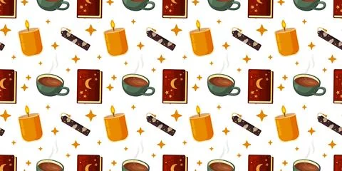 Mystical Evening Pattern with Mugs and Stars Illustrazione stock