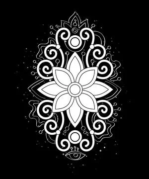 Mystical Flower with Scrollworks, Deco Element on Black Stock Illustration