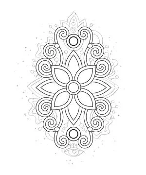 Mystical Flower with Scrollworks, Deco Element on White Stock Illustration