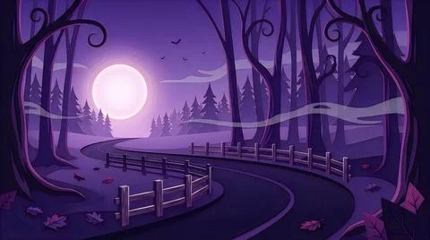 Mystical forest path with glowing moon at dusk Stock Illustration