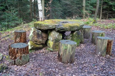 Mystical Forest Table: Stone &amp; Tree Stump Seating Stock-Fotos
