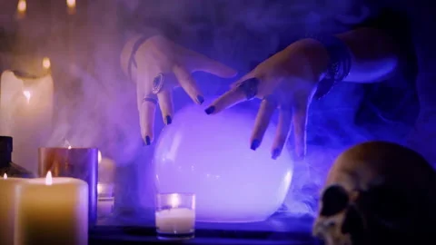 Mystical Fortune Teller Performing Ritual with Crystal Ball 4k Slow Motion Video stock 159441200