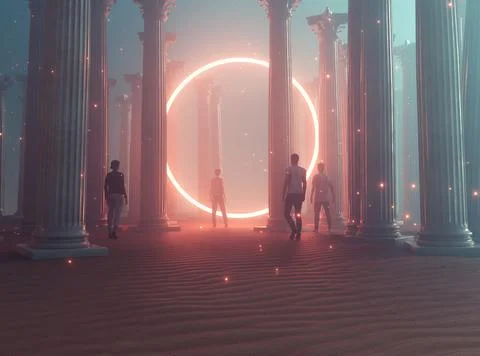 Mystical gathering with illuminated circle inside ancient columns at twilight Stock Illustration
