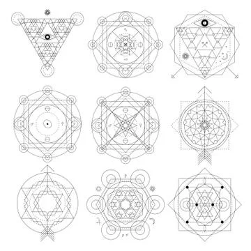 Mystical geometry symbols set. Linear alchemy, occult, philosophical sign. Fo Stock Illustration