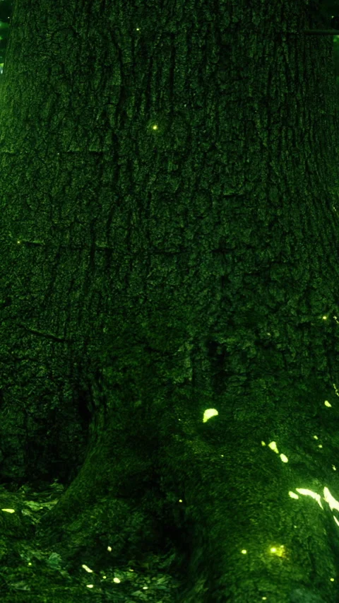 Mystical glow on ancient tree roots in enchanted forest at twilight Stock Footage 334254517