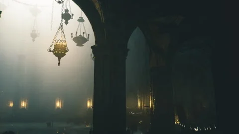 Mystical gothic setting with mist and luminous hanging fixtures Stock Footage 341831577