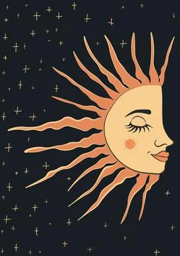 Mystical Half-Face Sunlight  Design A4 Stock Illustration