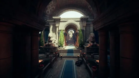 Mystical hall featuring statues and contrasting lighting effects Stock Footage 331531582