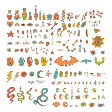 Mystical hand drawn elements. Doodle style. Halloween. Magic, witchcraft, e.. Stock Illustration