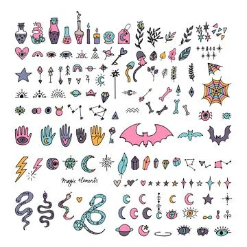 Mystical hand drawn elements. Doodle style. Magic, witchcraft, esoteric ico.. 库存插图