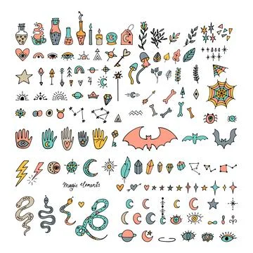Mystical hand drawn elements. Halloween. Magic, witchcraft, esoteric icons .. Illustrazione stock