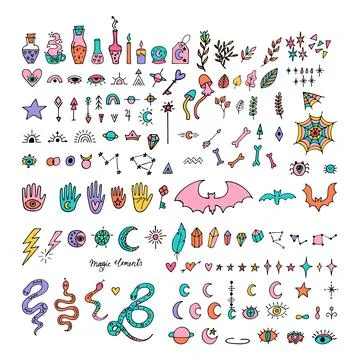 Mystical hand drawn elements. Halloween. Doodle style. Magic, witchcraft, e.. Illustrazione stock