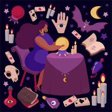 A mystical illustration demonstrating fortune-telling. Fortuneteller predicts Stock Illustration
