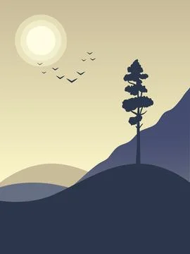 Mystical landscape of a lonely pine tree on the background of the sun. Stock Illustration