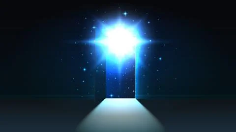 Mystical light from the open door of a dark room, open space, cosmos, discovery Illustrazione stock