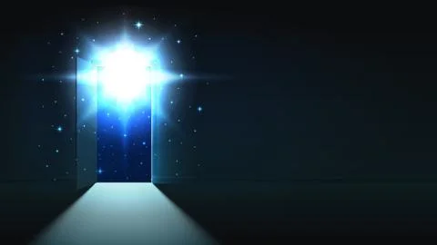 Mystical light from the open door of a dark room, open space, cosmos, background Stock Illustration